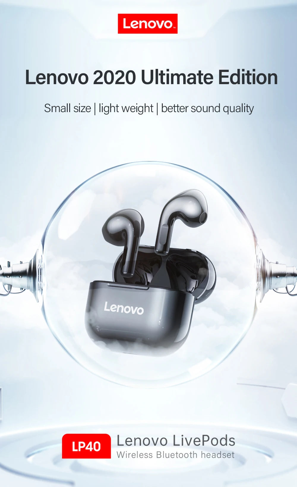 Lenovo LP40 Earphones TWS Wireless Bluetooth 5.0 Earbuds Bass Touch Control Stereo Noise Reduction Long Standby Original Choice