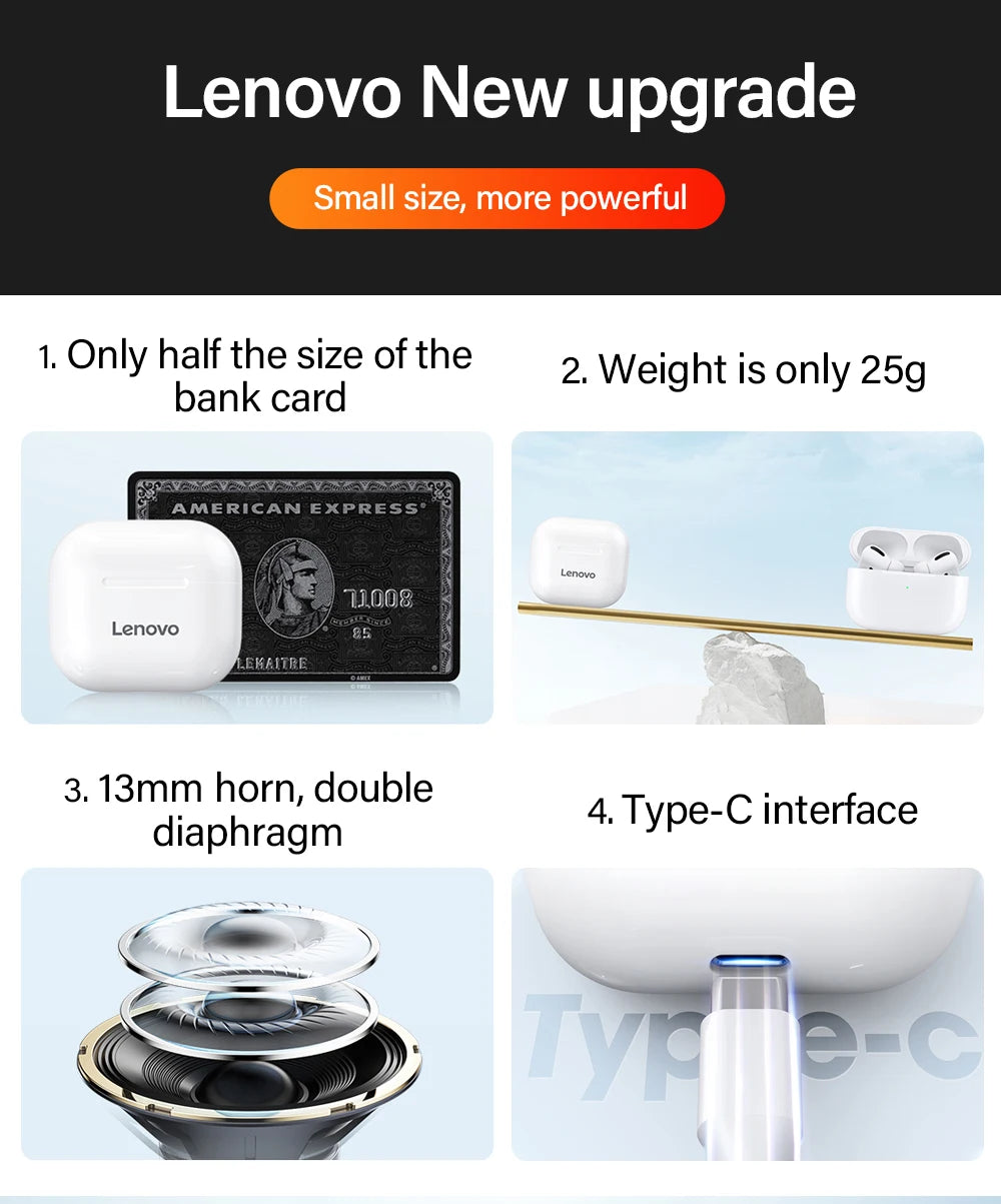 Lenovo LP40 Earphones TWS Wireless Bluetooth 5.0 Earbuds Bass Touch Control Stereo Noise Reduction Long Standby Original Choice