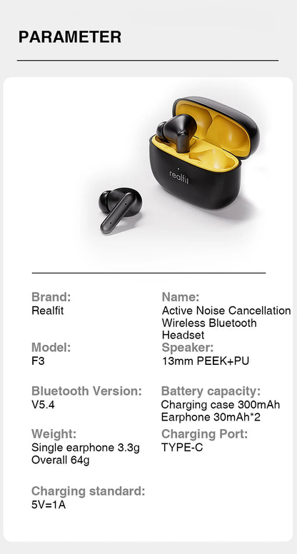 Realfit F3 ANC Active Noice Cancellation Bluetooth Earphones ENC Call HIFI Stereo Superb Bass Wireless Earbuds Sport Gaming